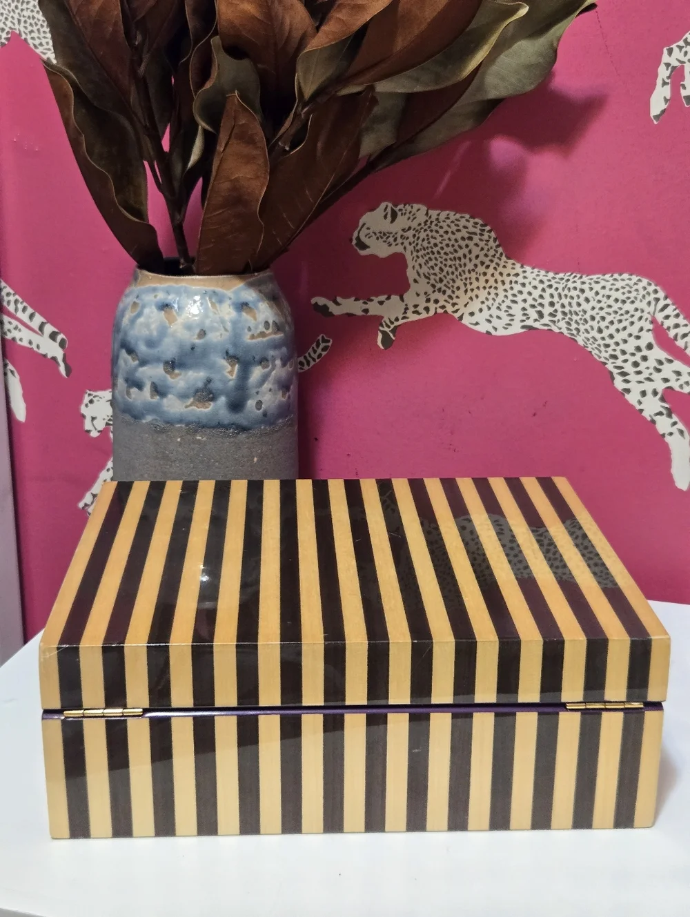 Vintage Henri Bendel Wood Brown Stripes Jewelry Organizer Storage Box